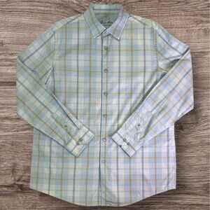 TASSO ELBA Mens Large Shirt Long Sleeve Button Up Blue Yellow Striped Textured